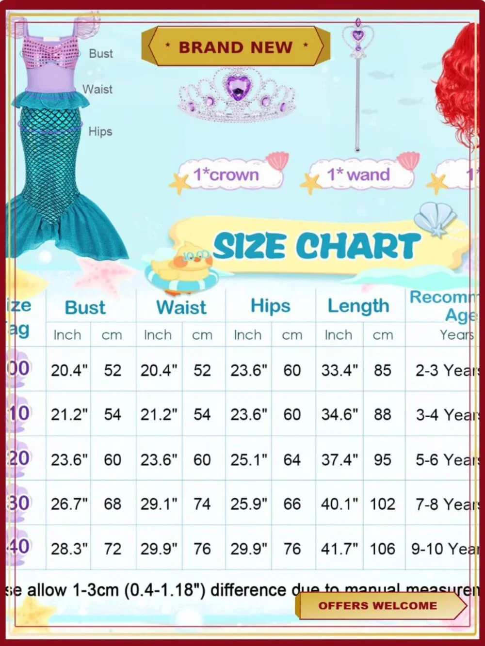 Girls Mermaid Princess Costume Dress Up with Red Wig Cosplay